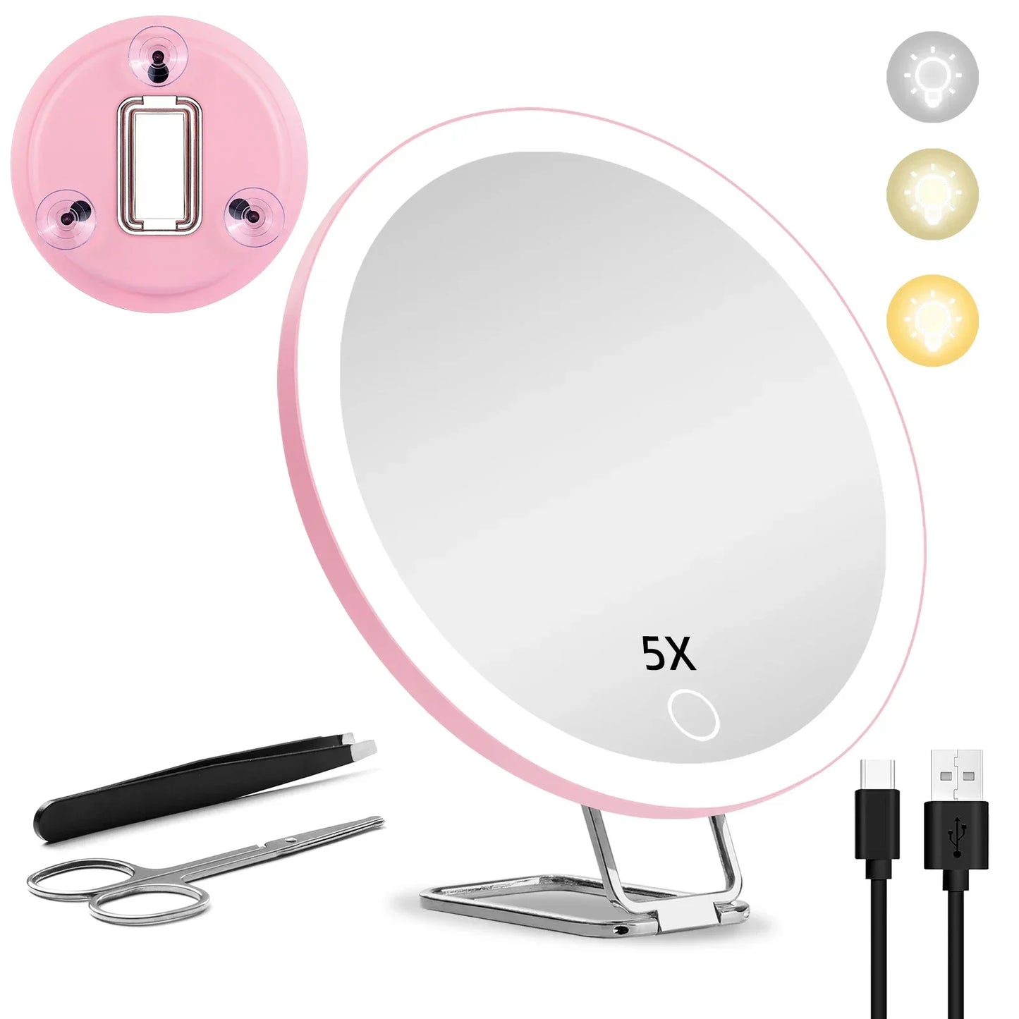 6 Inch Magnifying Mirror with Light 5-30X Portable Travel Magnified Mirror with 360° Adjustable Stand and Suction Cup Peaceful Pleasures Health and Wellness pink-5X