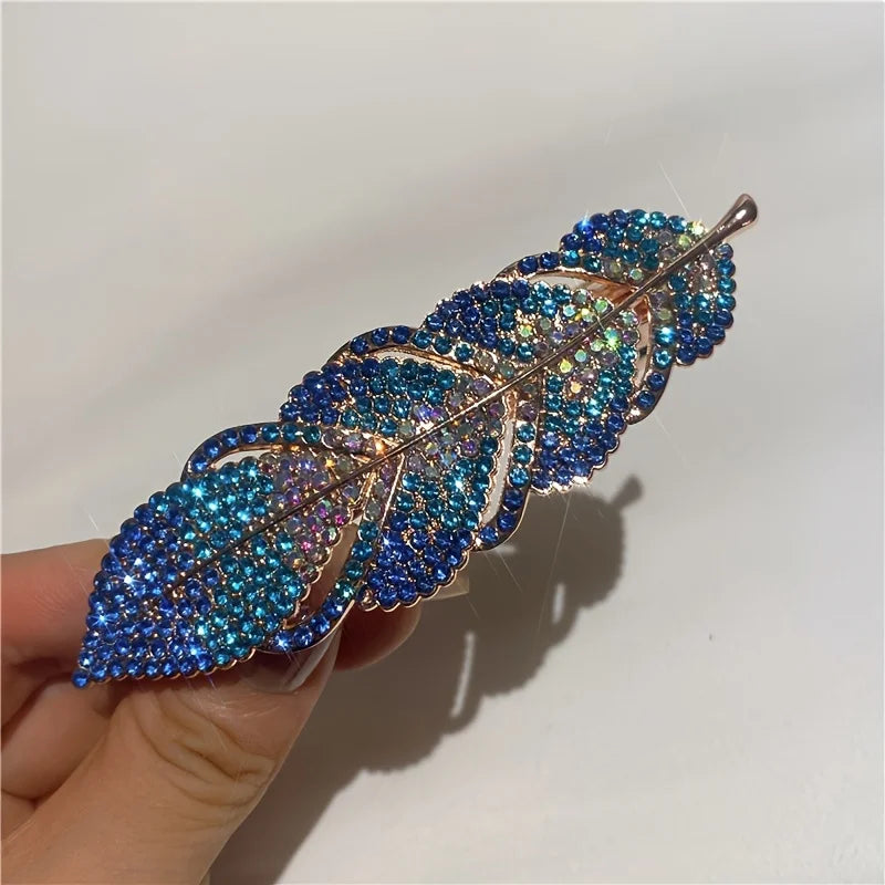 Large Shiny Rhinestone Hair Clip – Elegant Vintage Leaf Design Hair Clip Peaceful Pleasures Health and Wellness Blue