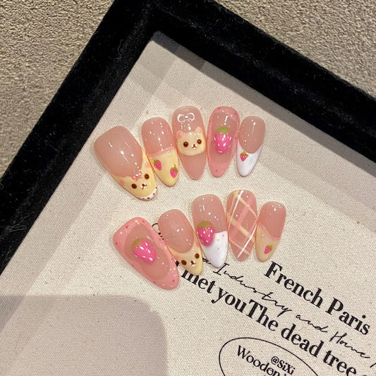 Handmade Press on Nails Cute Bear Fake Nails 3D Strawberry Design Sweet Yellow French False Nails Girl Lady Wearable Full Cover Peaceful Pleasures Health and Wellness S 1