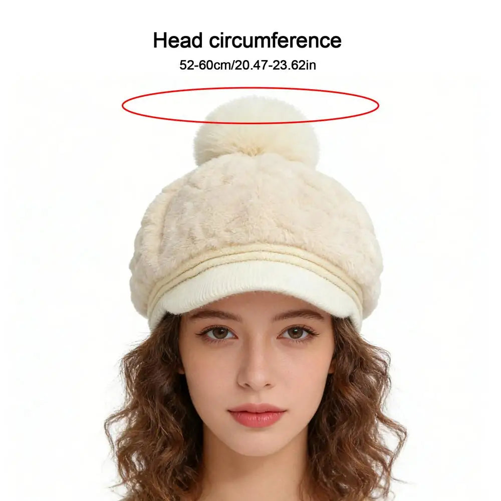 Women's Pom-Pom Fleece Beanie Hat with Brim | Winter Warm