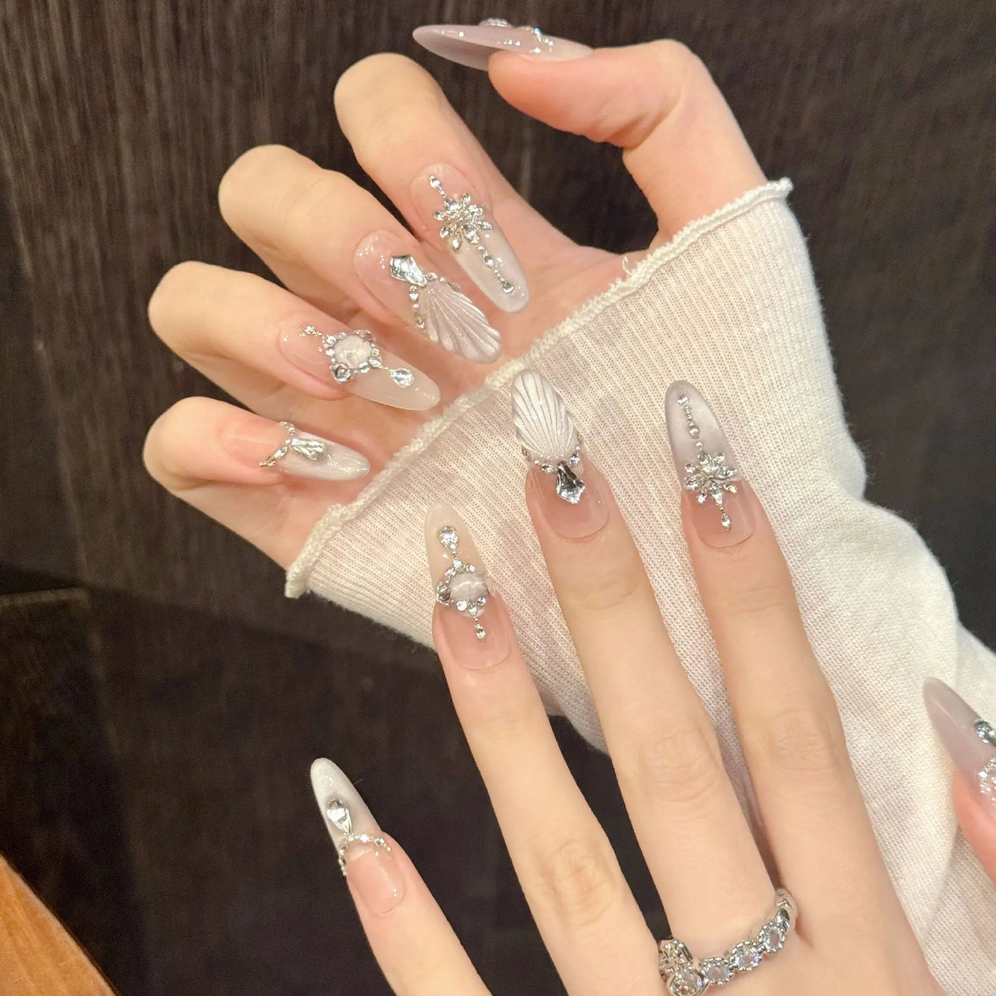 Crystal Fishtail Press On Nails – Cat's Eye French Long Fake Nails