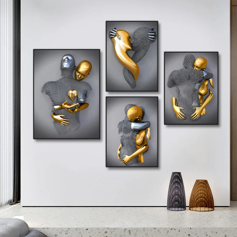 Metal Figure Golden Statue Art Canvas Painting Romantic Abstract Lovers Posters and Prints Wall Pictures Modern Home Decor Gifts Peaceful Pleasures Health and Wellness