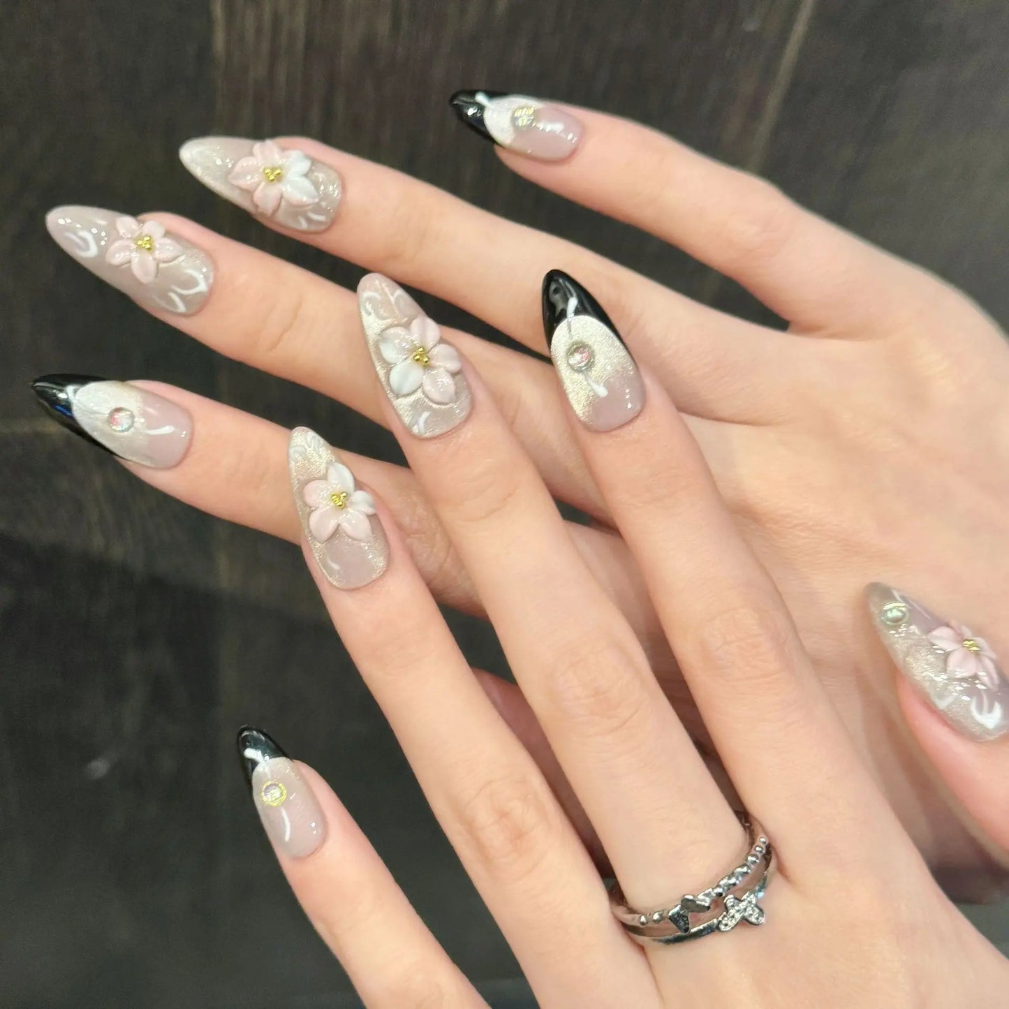 10pcs Handmade Korean Press on Nails Glitter Pink Flowers Decor Fake Nails Wedding Lady Wearable French Cat Eye False Nail Tips Peaceful Pleasures Health and Wellness
