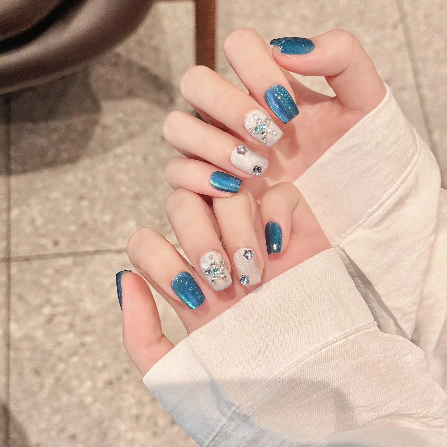 Handmade Press on Nails Ice Clear Blue Cat Eye Fake Nail Tips with Star Rhinestone Wearable Detachable Shiny Short False Nails Peaceful Pleasures Health and Wellness