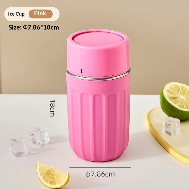 Durable Portable Ice Cube Water Bottle Touch-free Stainless Steel Ice Maker Kettle Detachable Reusable Ice Mold Hot Peaceful Pleasures Health and Wellness pink
