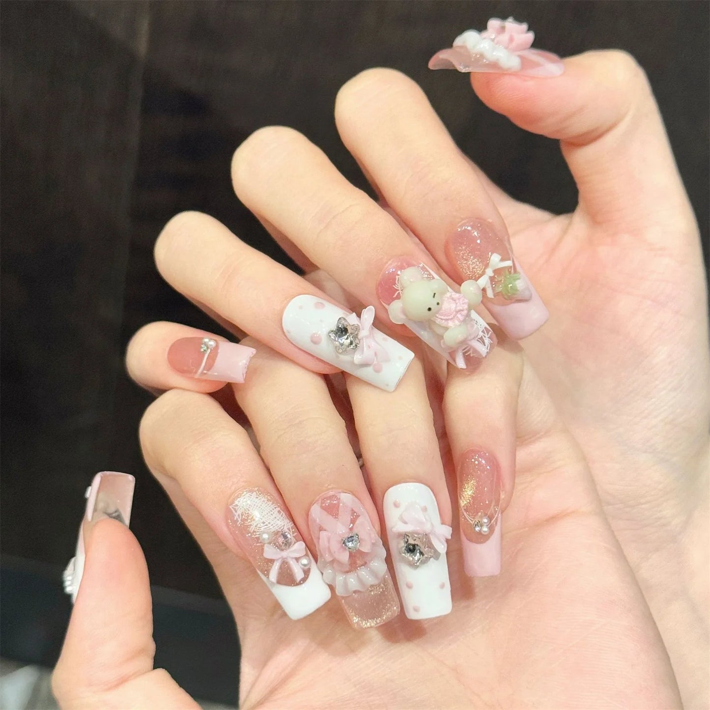 Handmade Press On Nails Pink Gold Cat Eye Bear Strawberry 10pcs