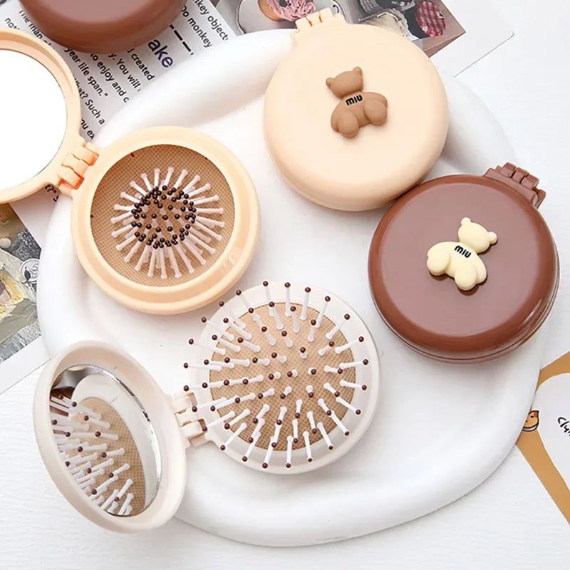 Cartoon Bear Folding Comb for Girls – Air Cushion & Mirror