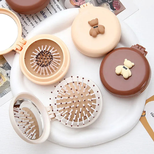 Cartoon Bear Folding Comb for Girls – Air Cushion & Mirror Kids Hair Comb Peaceful Pleasures Health and Wellness