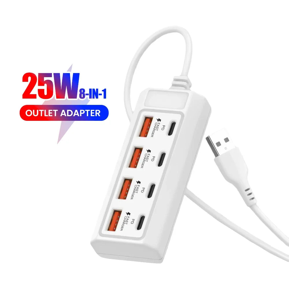 8-in-1 USB Power Outlet Adapter | 25W PD Type-C Fast Charging