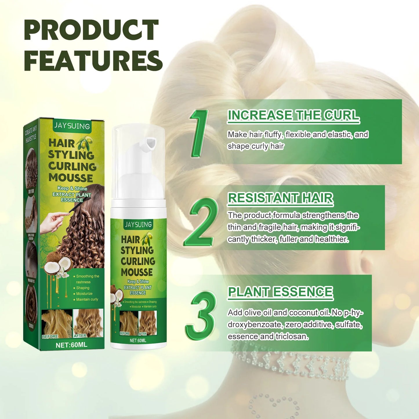 Jaysuing Olive Oil Hair Mousse – Curl Hold & Frizz Control 60ml