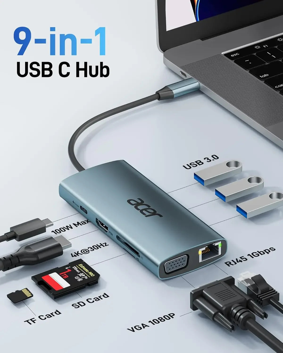 9-in-1 USB C Hub with 4K HDMI, Ethernet Adapter, VGA, SD Card Reader & 100W PD Charging for Laptops Peaceful Pleasures Health and Wellness
