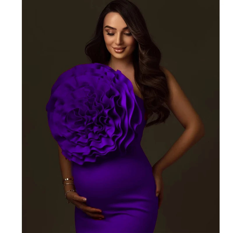 Red Maternity Photoshoot Dress - Stretch Polyester Bodycon Gown with Oversized Handmade Flowers - Baby Shower & Pregnancy Photo Peaceful Pleasures Health and Wellness