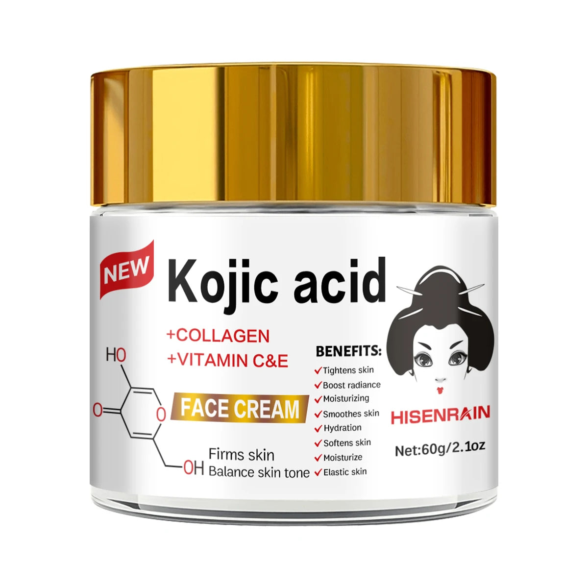 HISENRAIN Kojic Acid Cream - Brightening Glass Jar Face Moisturizer, Anti Dark Spots, Skin Whitening & Anti-Aging, for All Skin Peaceful Pleasures Health and Wellness 60g