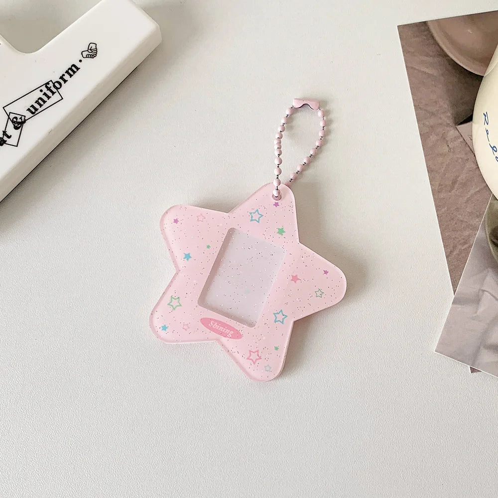 Glitter Five-pointed Star Hard Card Holder One-inch Student ID Photo Decorative Pendant New Acrylic Keychain Pendant Card Holder Peaceful Pleasures Health and Wellness Pink