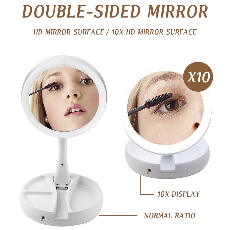 LED Makeup Mirror 10X Magnifying Foldable Travel Mirror Lights