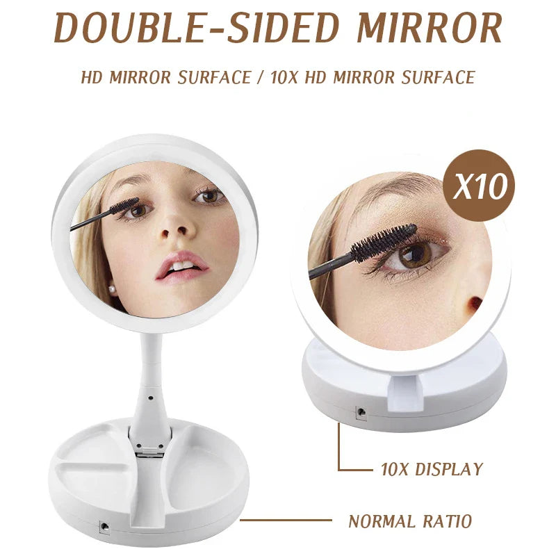 LED Makeup Mirror 10X Magnifying Foldable Travel Mirror Lights