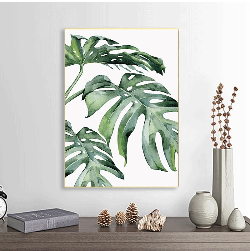 Wall Art Paintings for Living Room Home Decor Scandinavian Style Tropical Plants Poster Green Leaves Decorative Picture Modern Peaceful Pleasures Health and Wellness