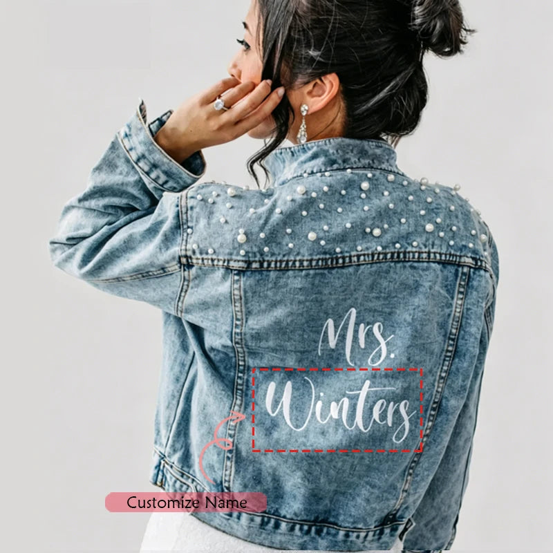 Personalized Mrs Denim Jacket with Pearl | Bridal Gift
