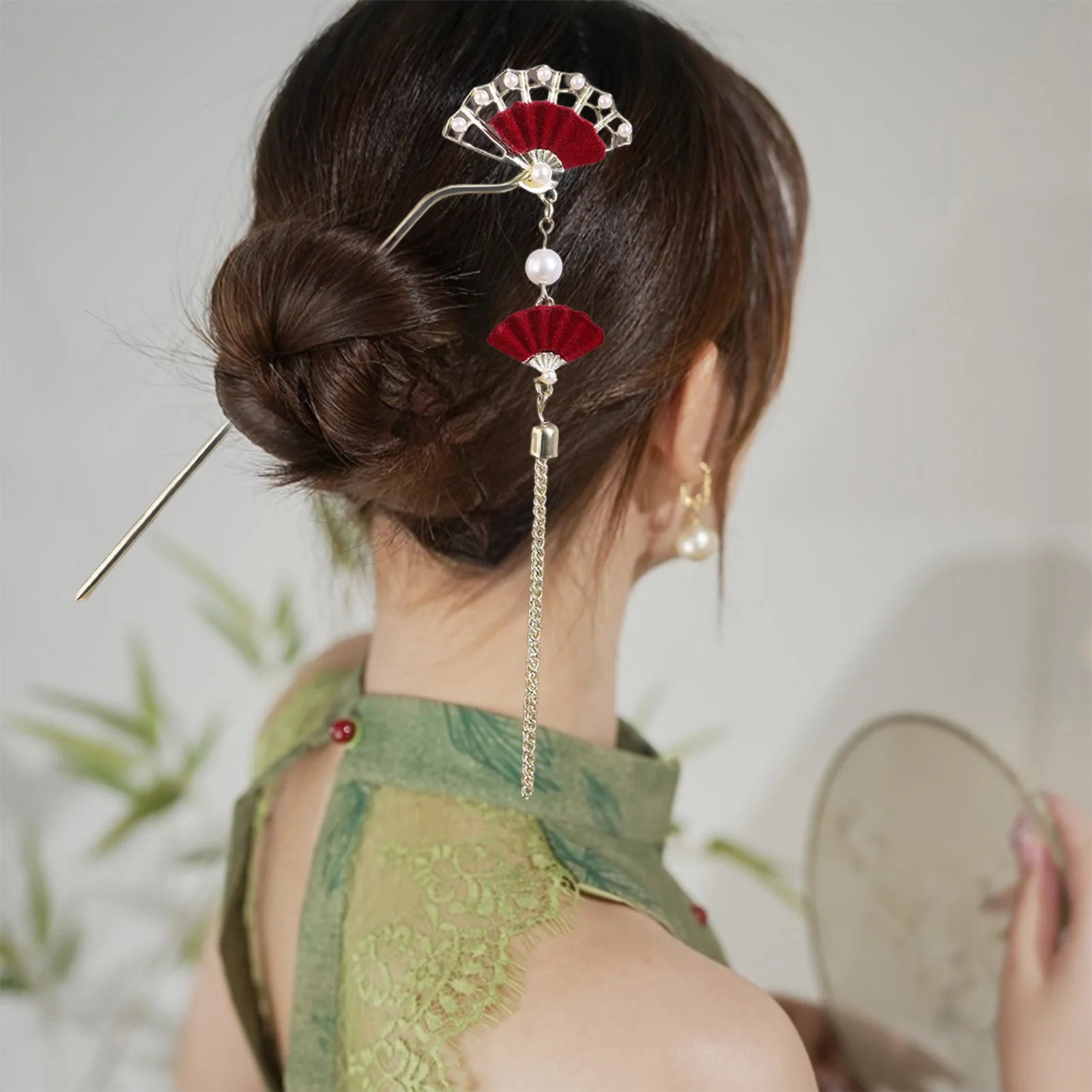 New Chinese Style Fan Shaped Hairpin with Oearls Tassel Vintage Bridal Hair Accessories Handmade Hanfu Hair Sticks for Women Peaceful Pleasures Health and Wellness