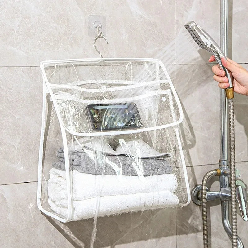 Waterproof Hanging Bathroom Storage Bag – Transparent PVC Wall-Mount Organizer for Toiletries, Cosmetics & Phone