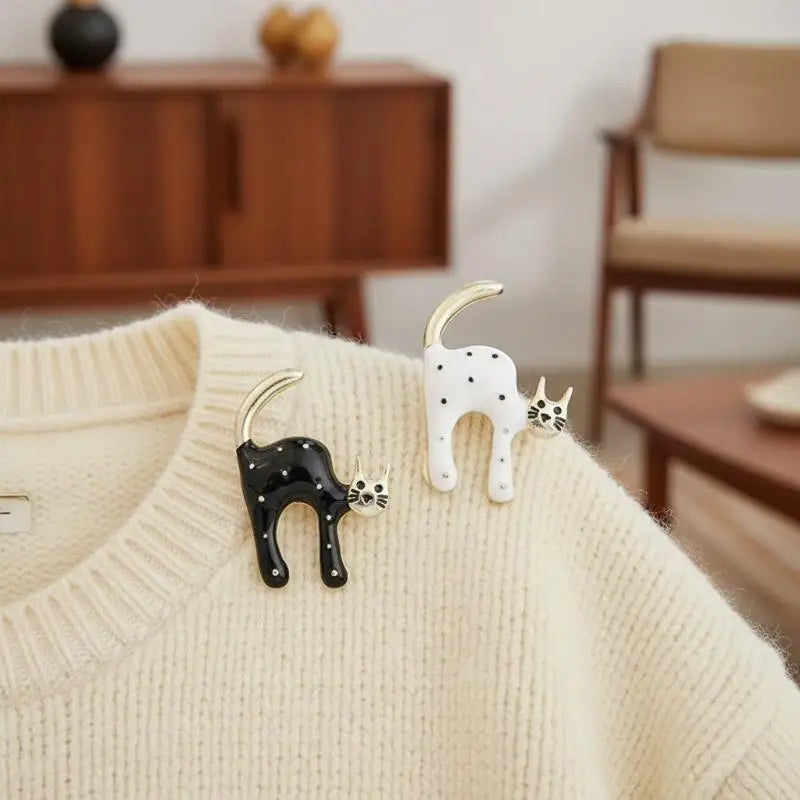 Cute Cat Enamel Brooch – Black & White Kitten Pin Gift