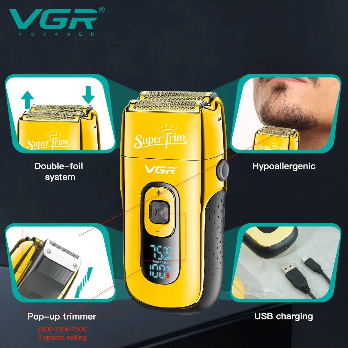 VGR 332 Face Shaver with Blade Professional Hair Trimmer Golden Electric Shaver Rechargeable Safety Shaving Machine for Men Peaceful Pleasures Health and Wellness