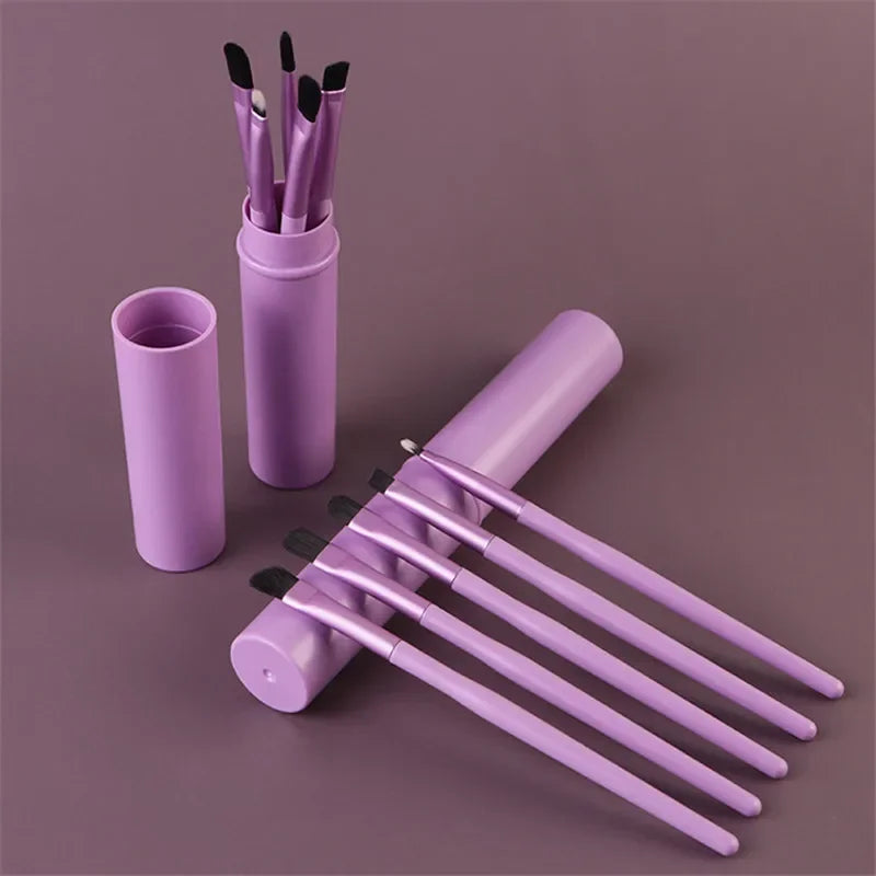 5-Piece Portable Makeup Brush Set with Barrel | Eye, Lip & Brow