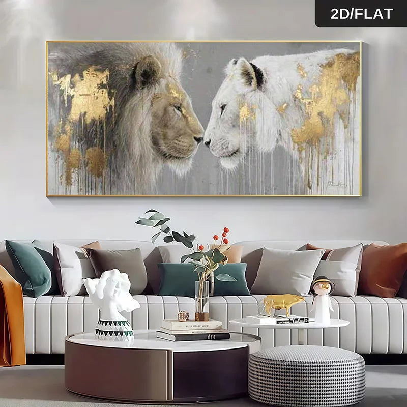 2D Flat, Frameless Large Modern Canvas Poster Lions Artwork, Minimalist Gray Golden Animal Decoration for Living Rooms, Bedrooms Peaceful Pleasures Health and Wellness