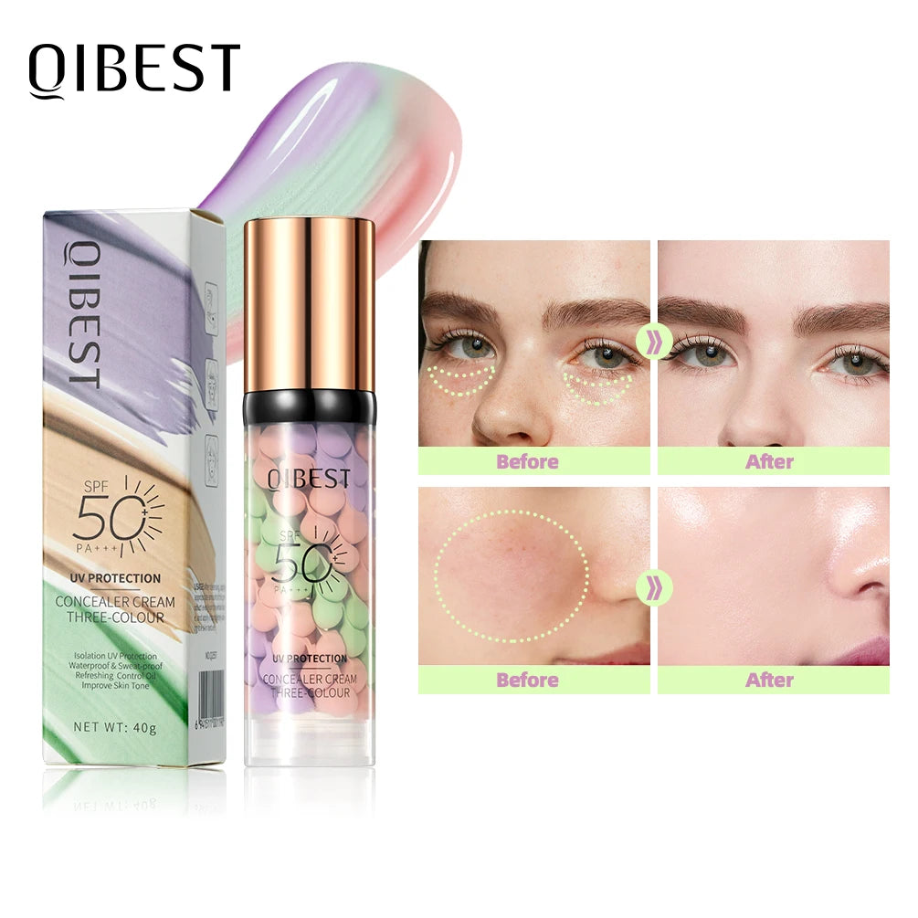 QIBEST Three Color Liquid Concealer Mixed Isolation Lotion Makeup Invisible Pore Moisturizing Bright Skin Face Primer Foundation Peaceful Pleasures Health and Wellness