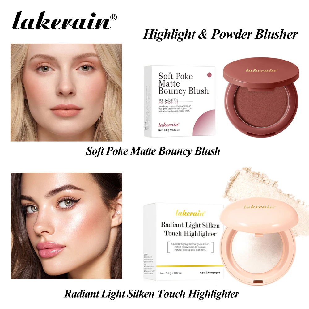 Matte Blush & Silken Touch Highlighter Set Smooth Texture Non-Flying Powder Fine Pearl Glow Waterproof Long Lasting Face Makeup Peaceful Pleasures Health and Wellness B