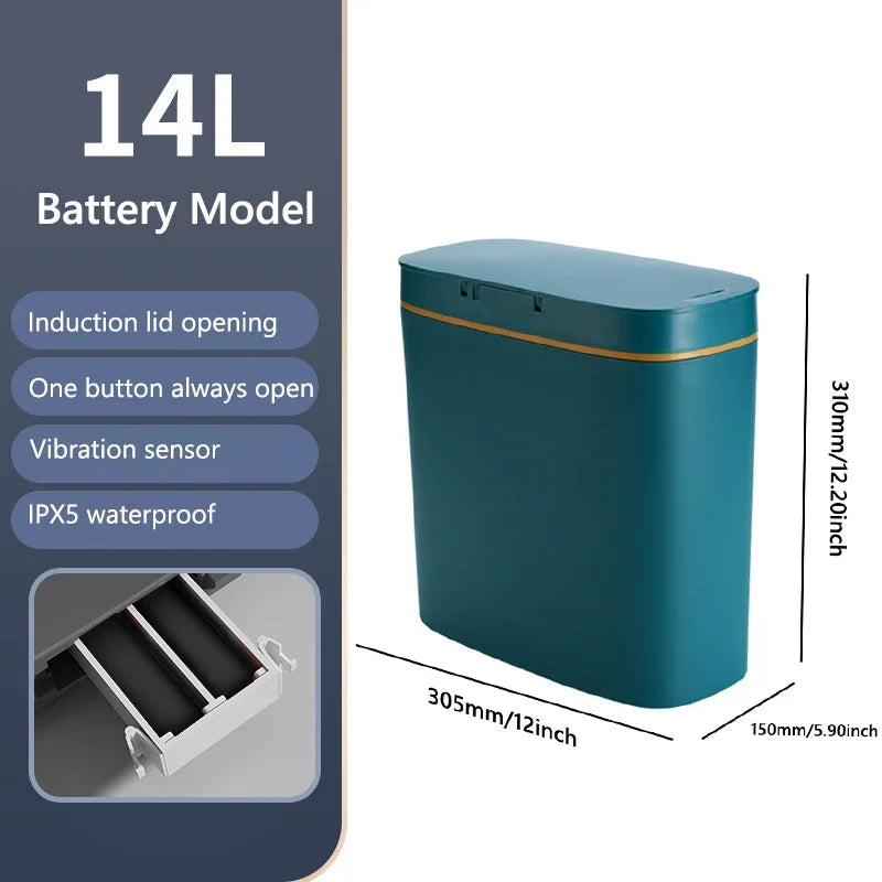 14L Smart Sensor Trash Can with Lid for Kitchen Toilet Bathroom Bins Waterproof Automatic Trash Can Quiet Touchless Wastebasket Peaceful Pleasures Health and Wellness Green Battery