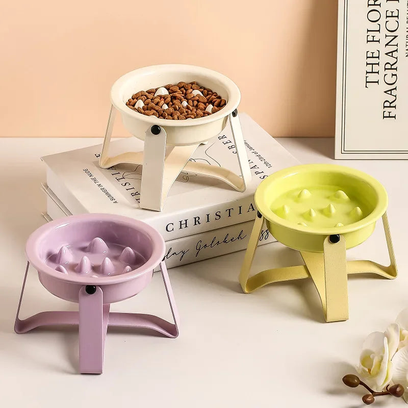 Ceramic Slow Feeder Cat Bowl with Elevated Iron Stand Elevated Cat Bowl Peaceful Pleasures Health and Wellness