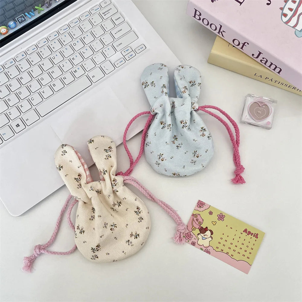 Cute Rabbit Ear Floral Drawstring Storage Bag Outdoor Portable