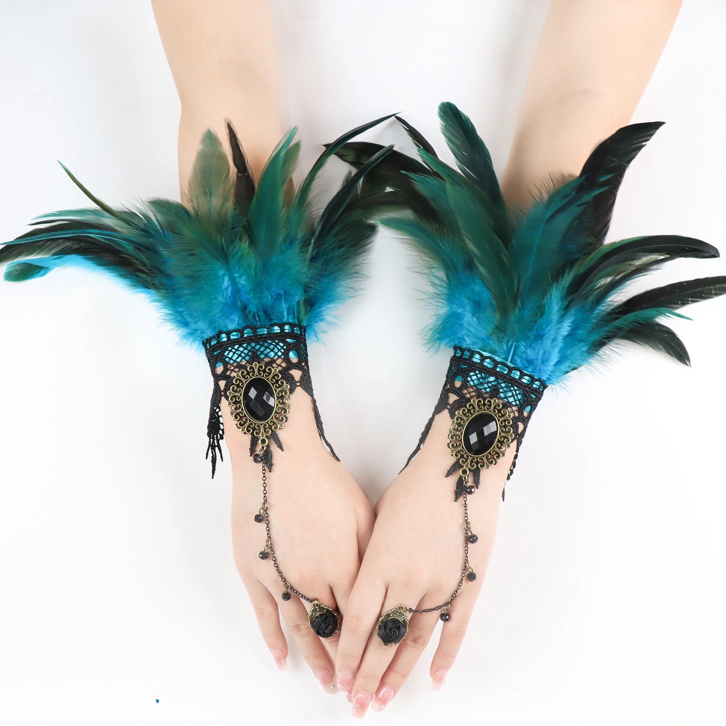 Lace Feather Wrist Cuffs Rave Gloves Steampunk Gothic Glove Sleeve
