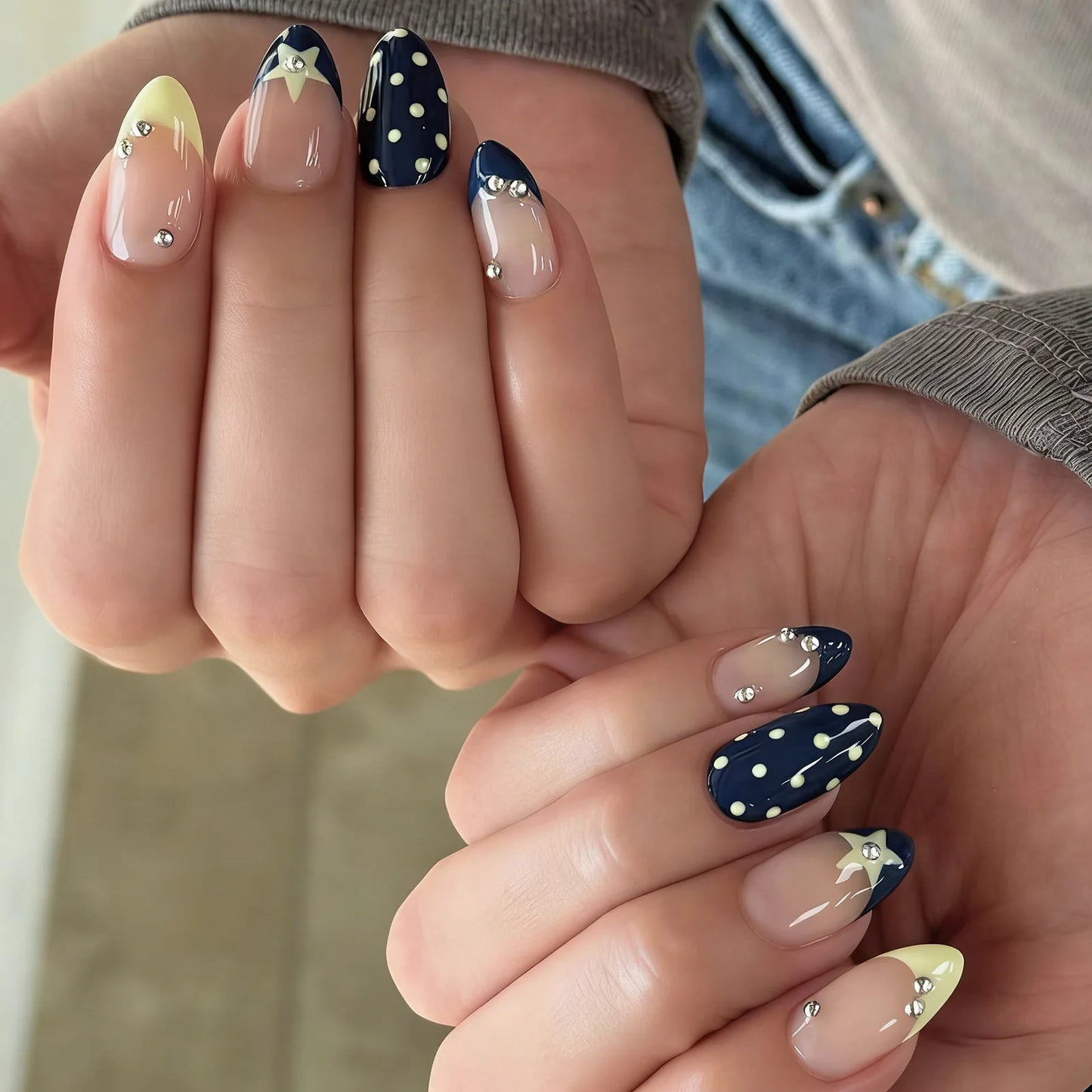 24pcs Colorful Y2k Press On Nails Star Print Designs Wearable Blue Yellow Polka Dot False Nails Fashion French Manicure Nail Art Peaceful Pleasures Health and Wellness