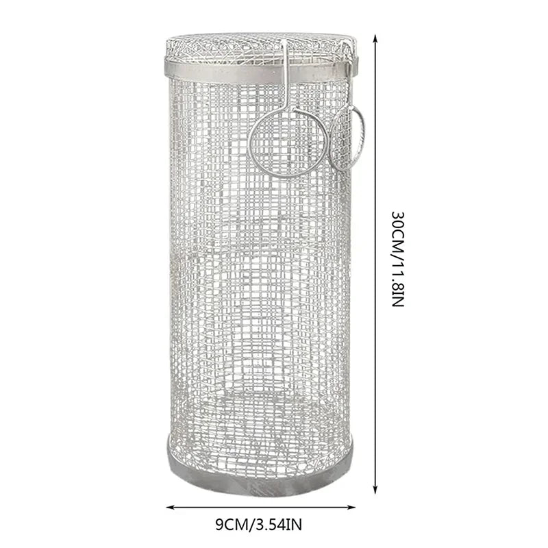 BBQ Basket Stainless Steel Rolling Grilling Basket Cylinder Grill Basket Portable Round Outdoor Camping Barbecue Rack with Lid Peaceful Pleasures Health and Wellness 30x9x9cm