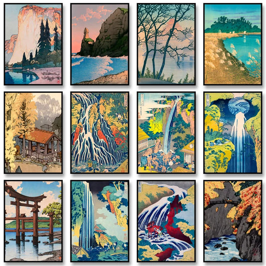Japanese Vintage Landscape Poster Vintage Architecture Print Canvas Painting Picture for Modern Living Room Home Decoration Peaceful Pleasures Health and Wellness