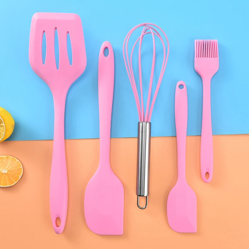 5-Piece Silicone Kitchen Utensil Set – Non-Stick Spatula, Spoon, Ladle & Egg Beater with Wooden Handles