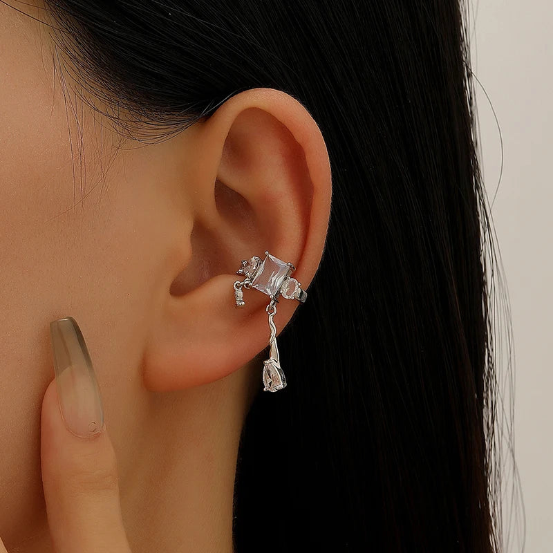 New Zircon Ear Clips Without Ear Holes Niche Light Luxury High End Feeling C Shaped Ear Bone Clip Snowflake Water Droplet Tassel Peaceful Pleasures Health and Wellness