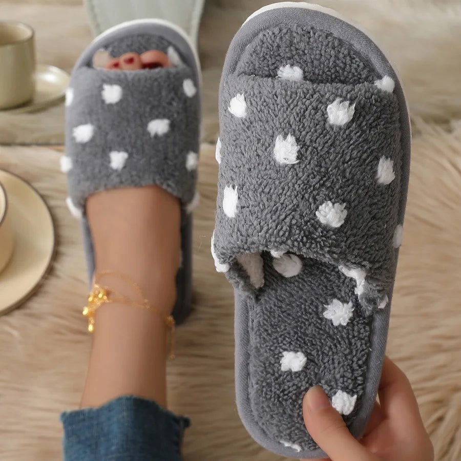 Women's Polka Dot Fluffy Slippers | Warm Non-Slip Open Toe