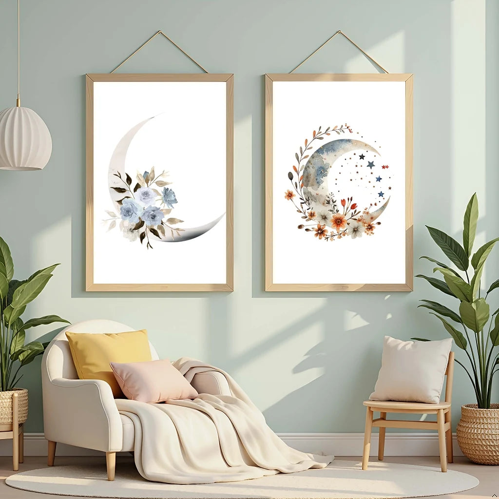 Plant Flower Wall Art, Nordic Moon Canvas Painting, Minimalist Aesthetic Poster Print for Living Room Bedroom Wall Decor Peaceful Pleasures Health and Wellness