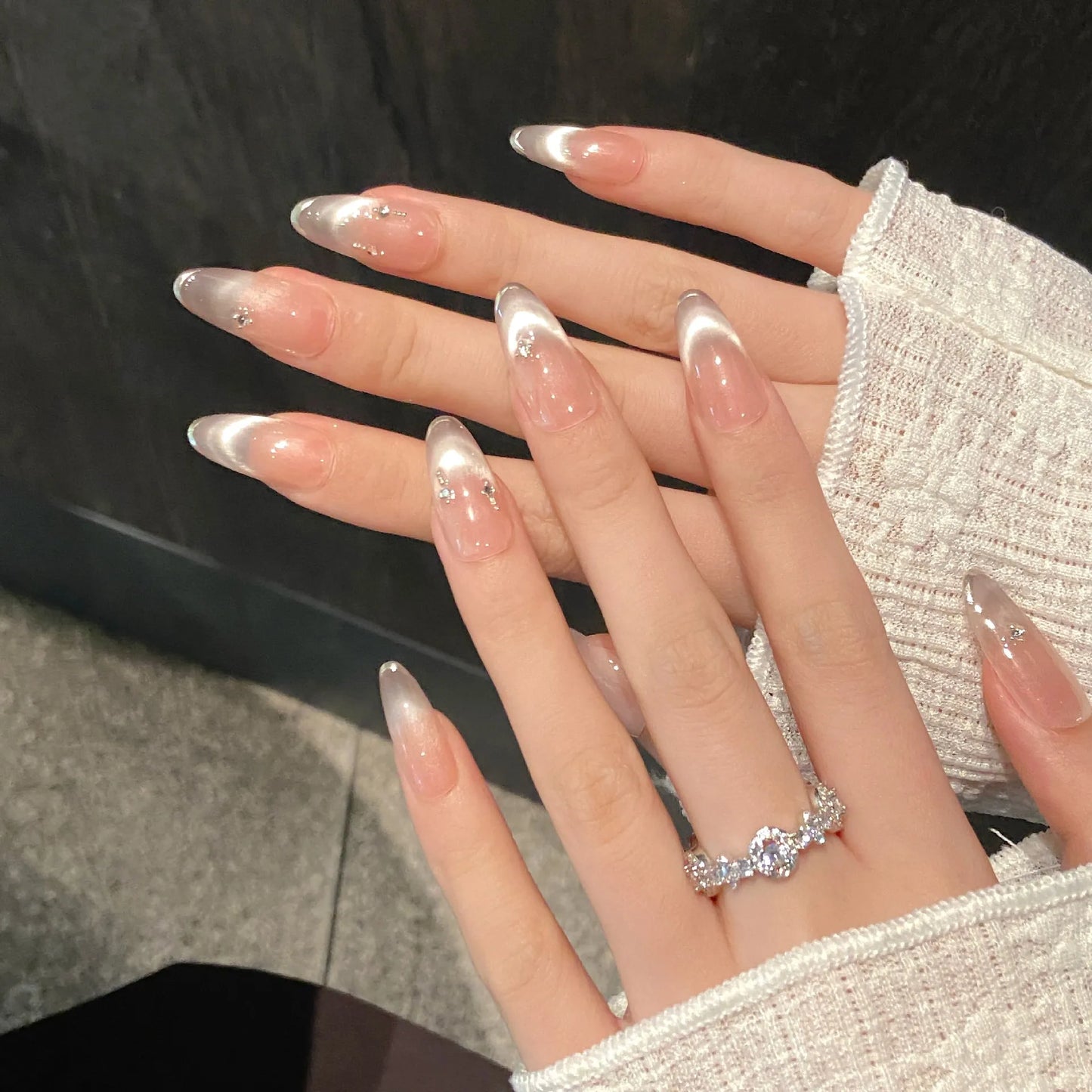 Handmade Press-On Nails Pink Gem Cat Eye French Tips | 10pcs