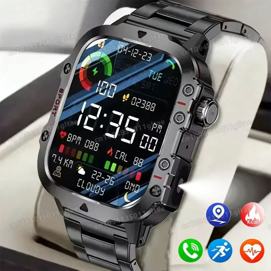 2026 Rugged Military Smart Watch Men's Outdoor Watch LED Flashlight 2.01'' HD Touch Screen Voice Bluetooth Call Smartwatch Gifts Peaceful Pleasures Health and Wellness