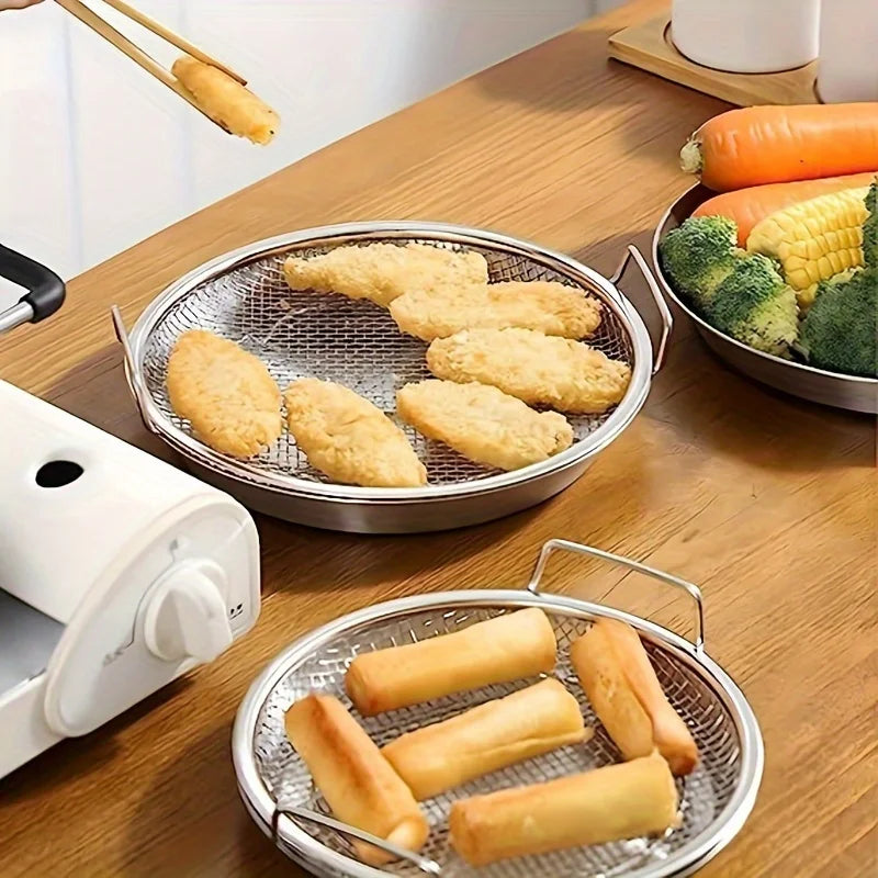 Stainless Steel Round Mesh Strainer Basket – Frying & Washing Mesh Strainer Basket Peaceful Pleasures Health and Wellness