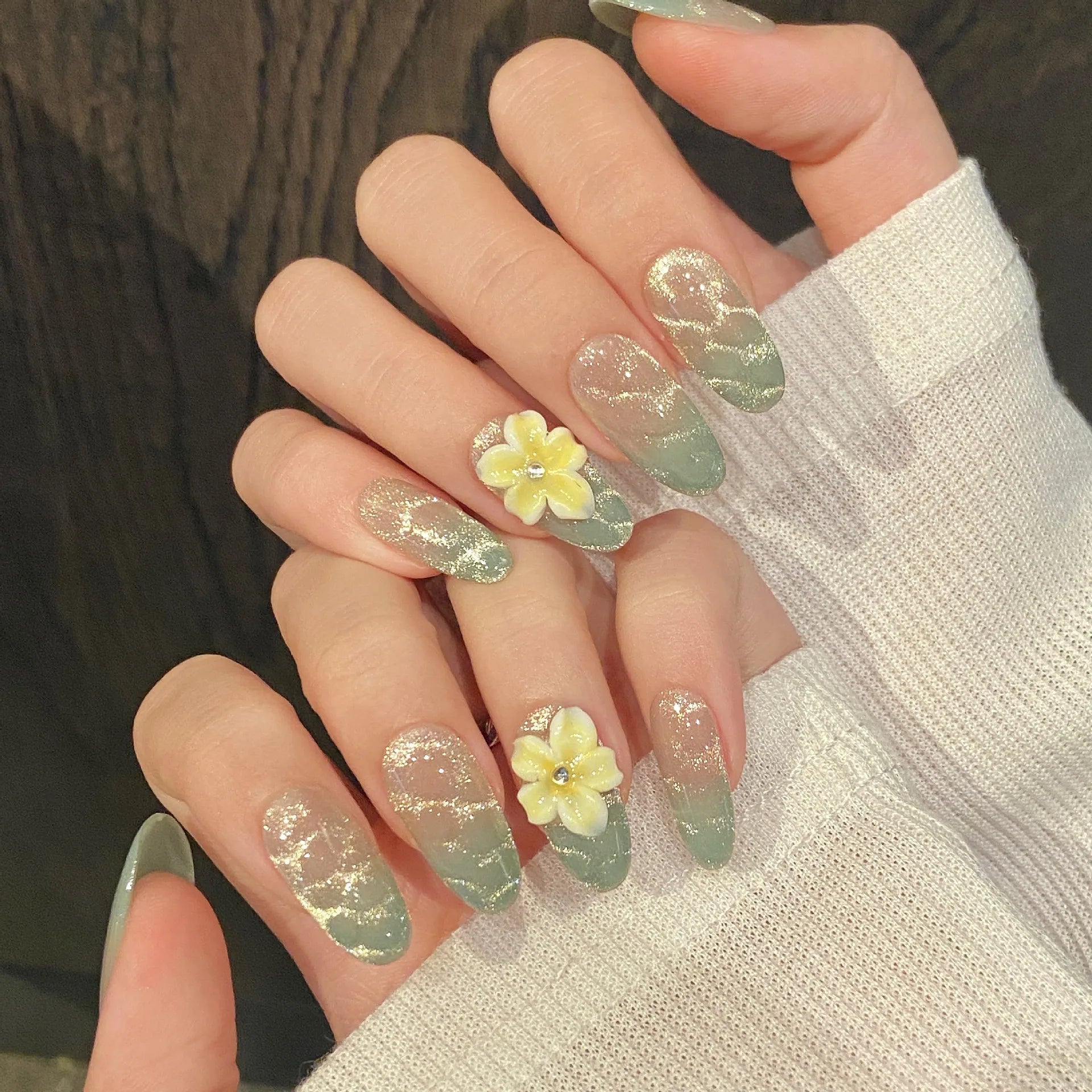 10pcs Handmade Mint Green Press on Nails 3D Yellow Flower Decor Fake Nails Wearable Glitter Gradient Cat Eye False Nail Tips Peaceful Pleasures Health and Wellness