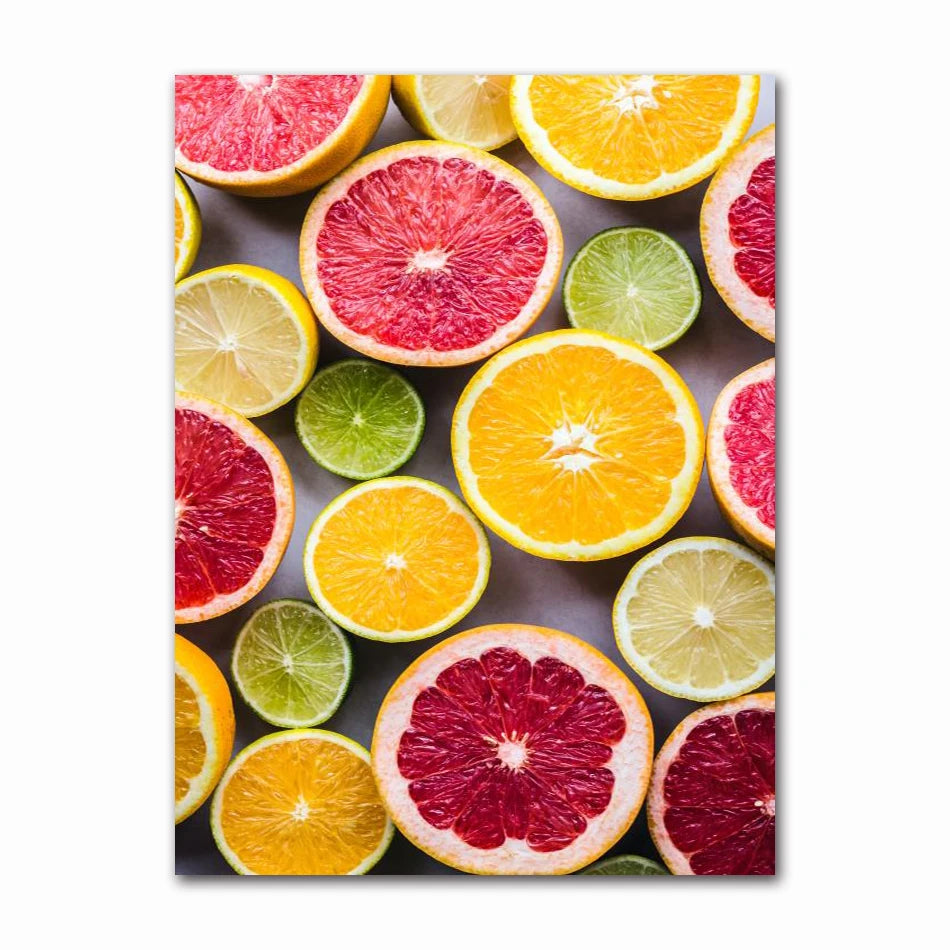 Nordic Wall Art Canvas Painting Colorful Fresh Vegetable Fruits Posters for Kitchen Decor Orange Lemon Picture for Restaurant Peaceful Pleasures Health and Wellness 60574-02 30x40cm