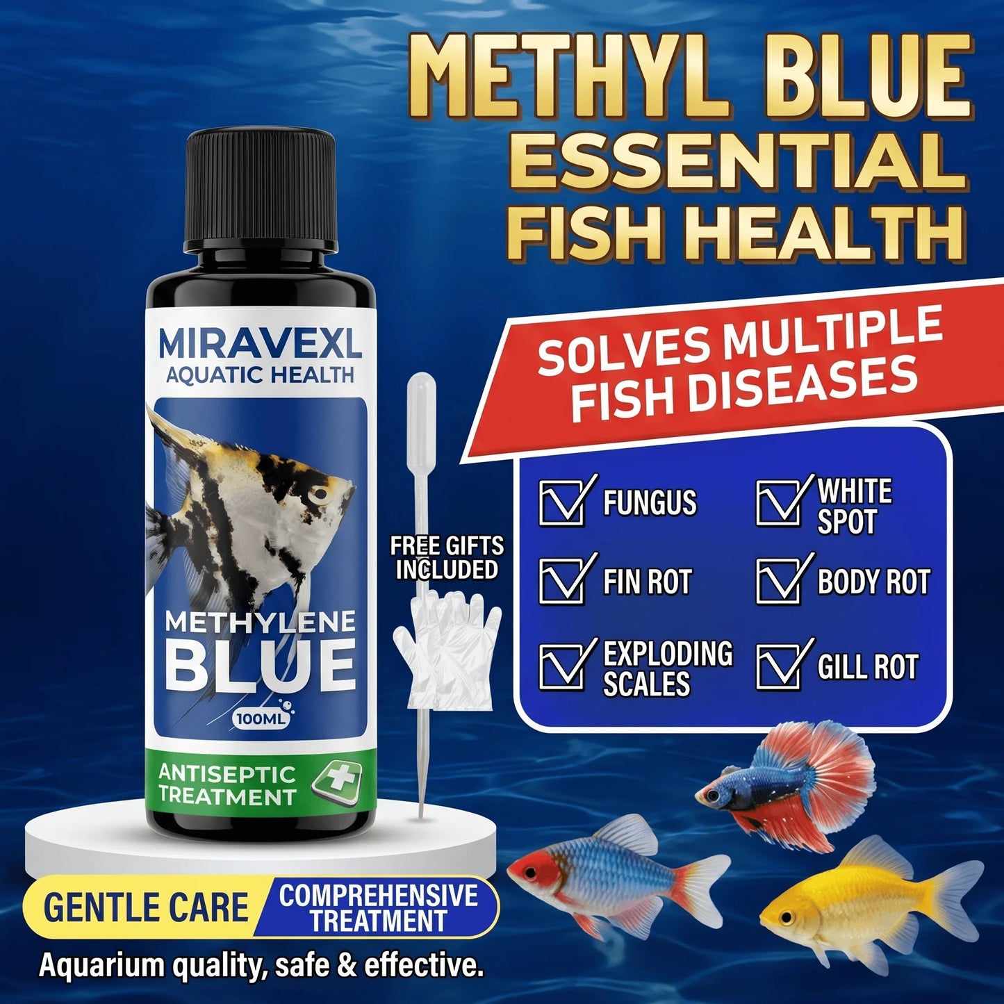 MIRAVEXL 100ml Methylene Blue Aquarium Fish Antiseptic Treatment Fungus Ich Parasite Cure Water Care Drops Pipette Gloves Set Peaceful Pleasures Health and Wellness