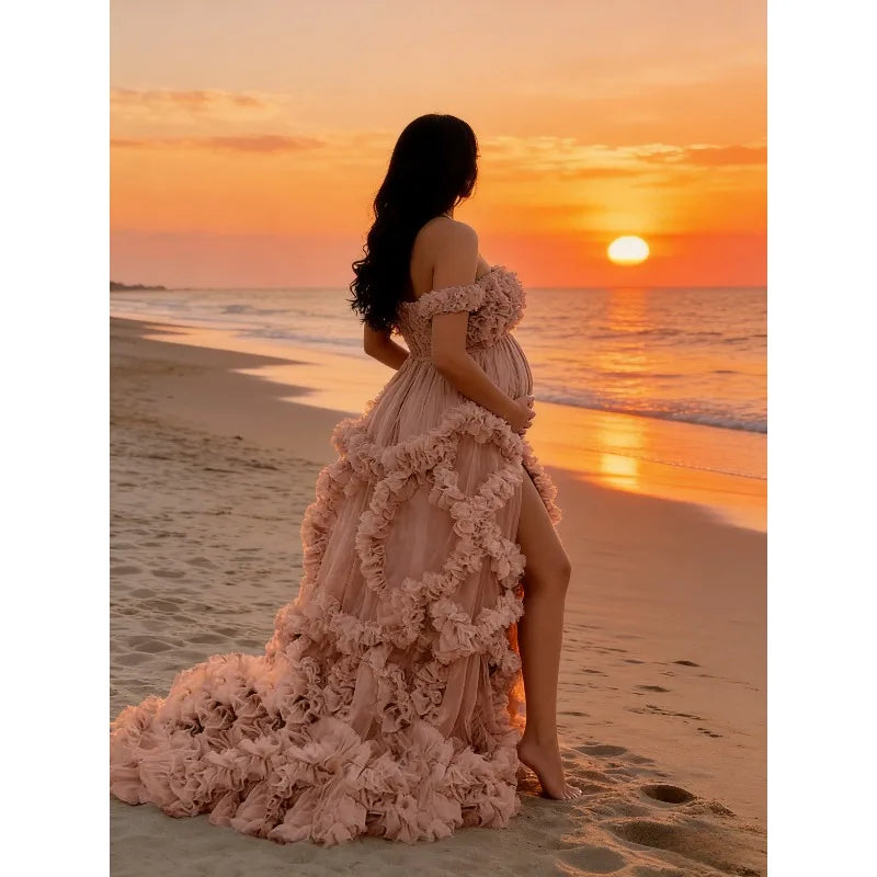 Photoshoot & Baby Shower Tulle Maternity Dress - Off Shoulder, Puffy Ruffles, Elegant Long Robe for Pregnancy Peaceful Pleasures Health and Wellness