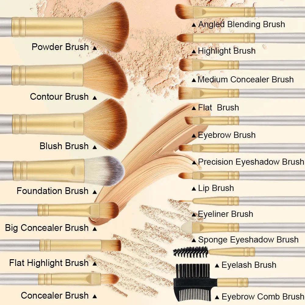 18-Piece Champagne Makeup Brush Set | Soft Fluffy Wood Handle