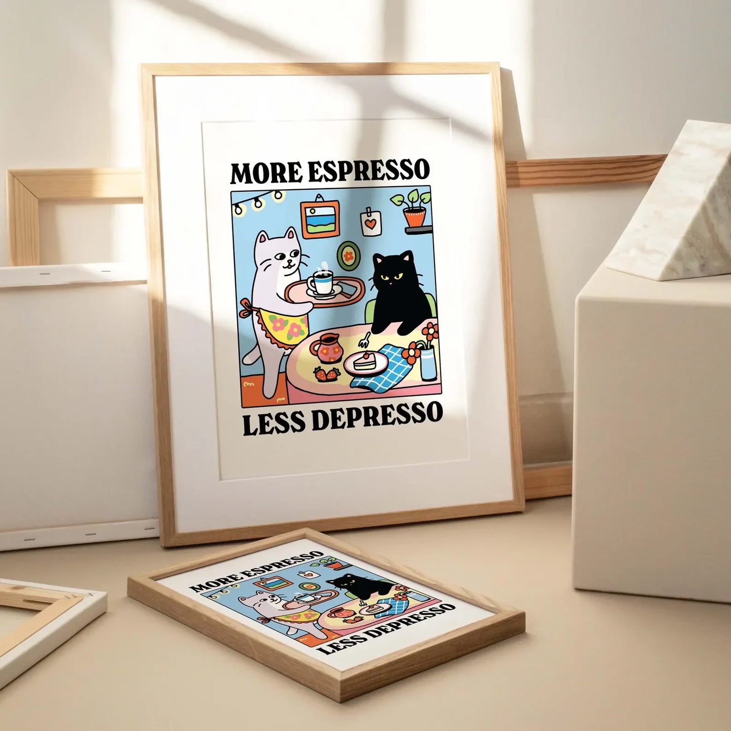 More Espresso Less Depresso Black Cat Canvas Wall Art Print
